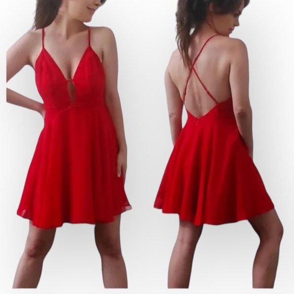 Bebe Cross Back Chiffon Skater Dress Red Size 6 NWT - Picture 2 of 12